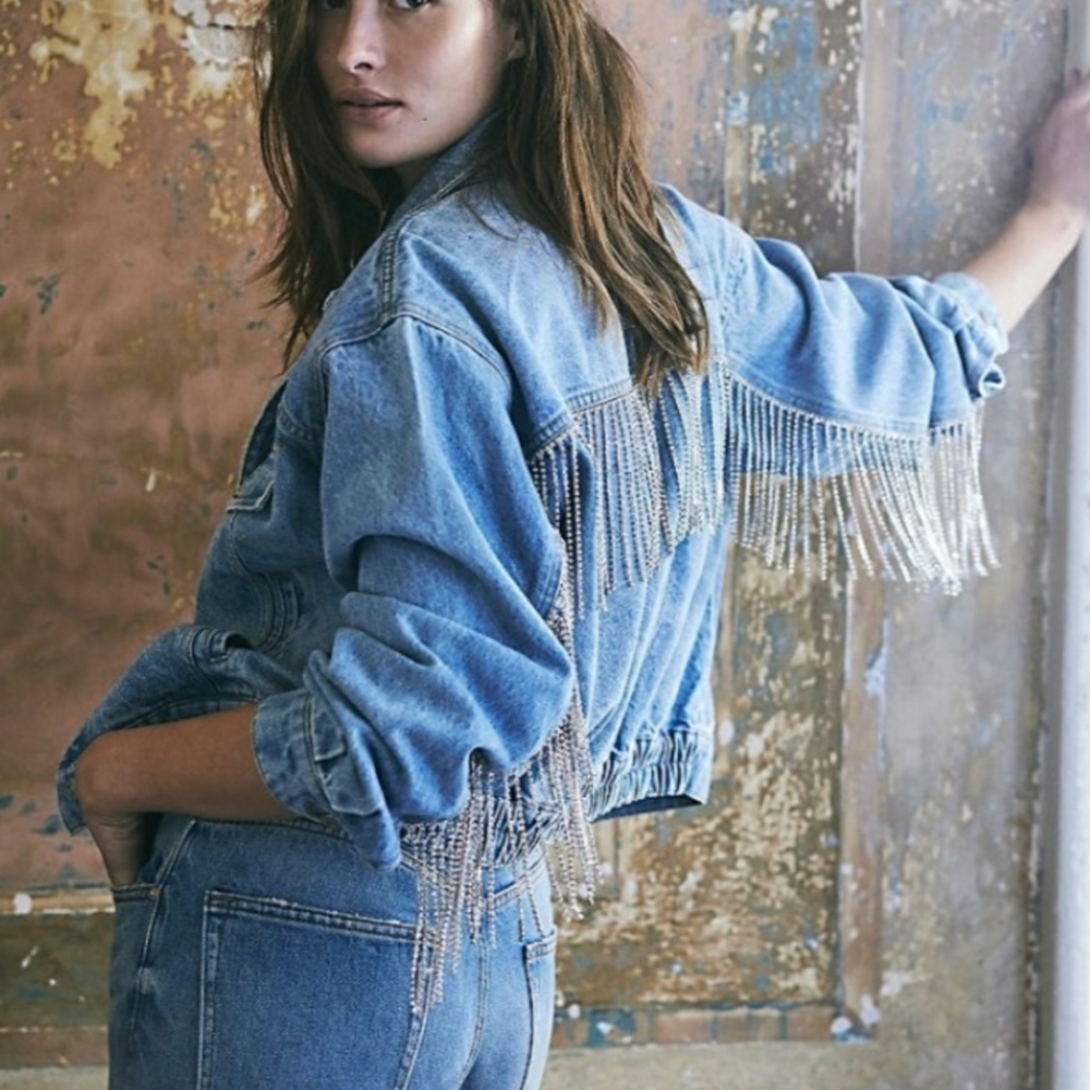 Free People Rhinestone Denim Bomber Jacket - Picture 3 of 15